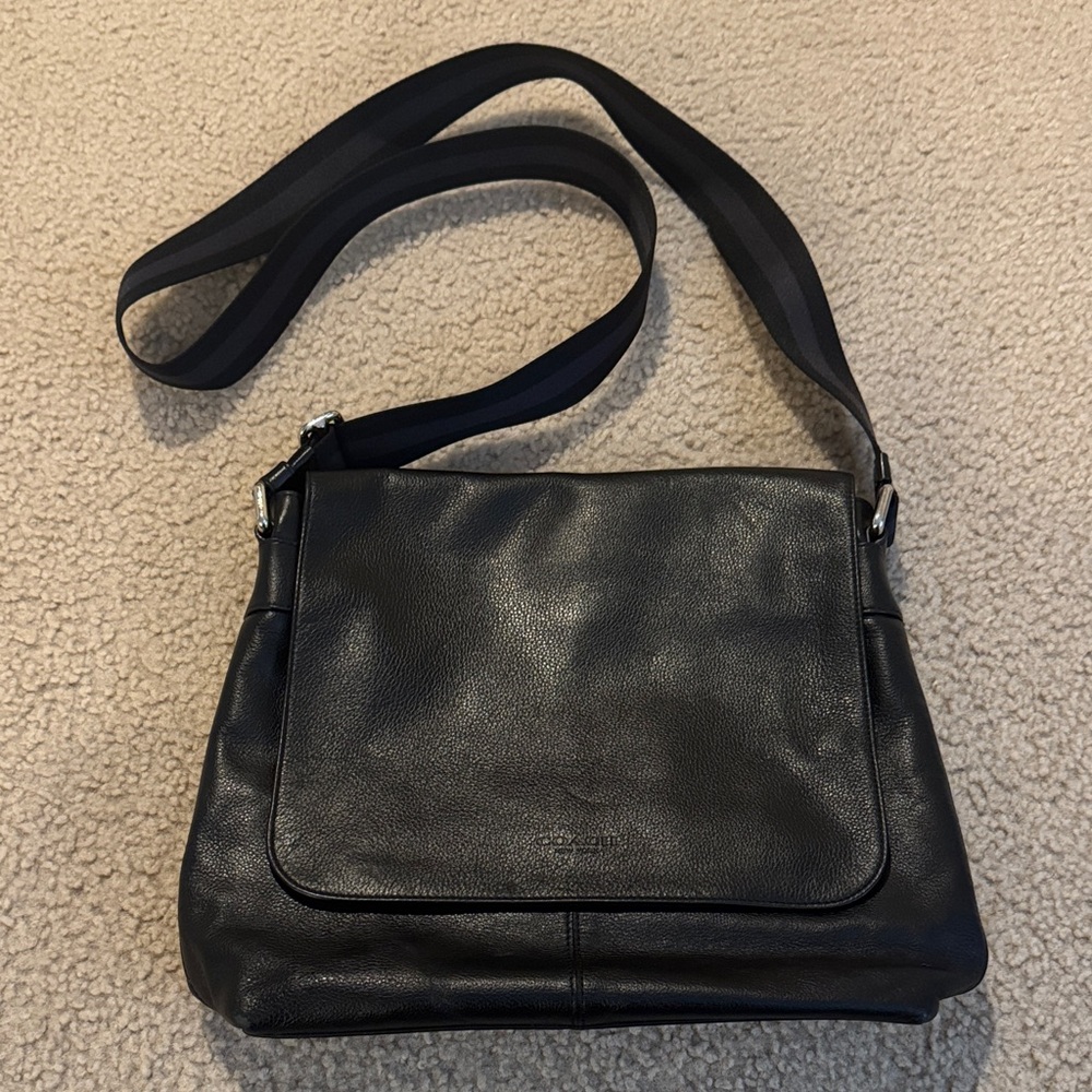 Coach Black Leather Bag with Long Strap & Silver Hardware
